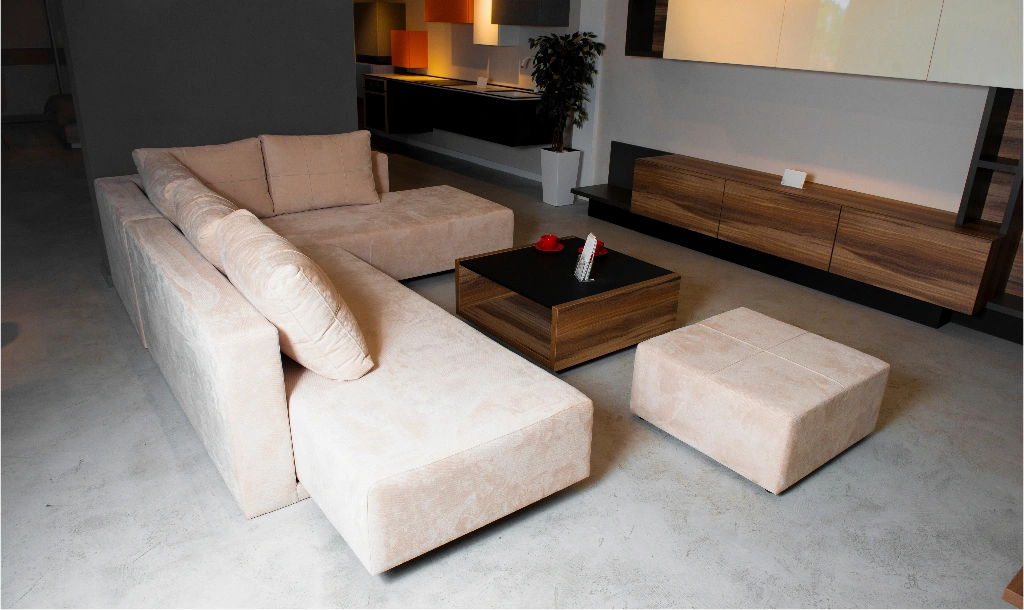 Custom-designed sofa and coffee table in a living room