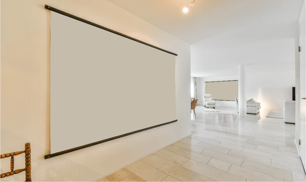 Modern roller blinds on a living room window.