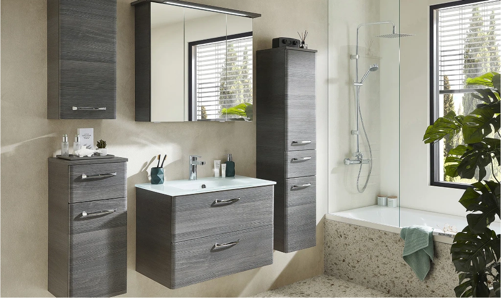 Moisture-resistant bathroom furniture with modern storage design