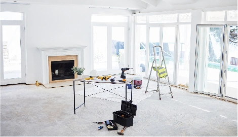 Modern luxury living room renovation before and after.
