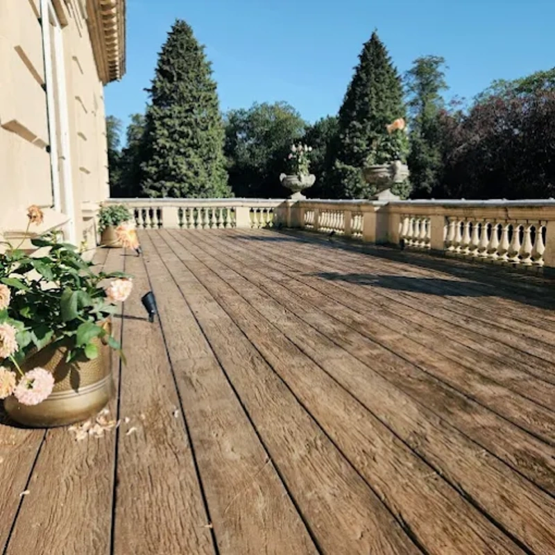 Weatherproof wooden deck flooring for outdoor areas