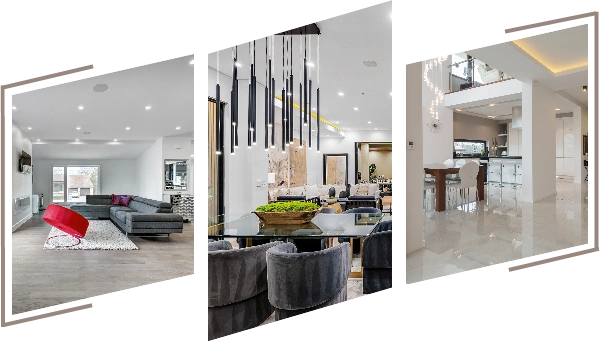 Integrated smart home technology and modern design in a renovated living room.
