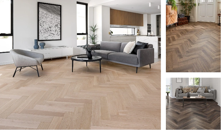 Elegant herringbone flooring installed in modern Dubai interior