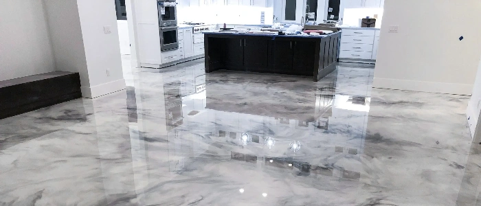 Exclusive modern metallic epoxy flooring for a unique 3D effect.
