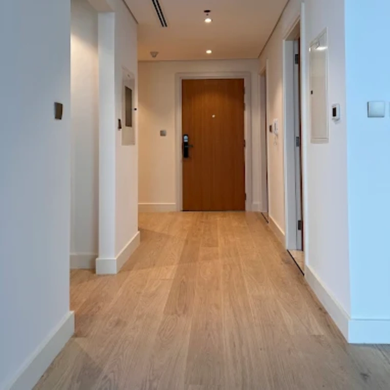 Waterproof solid wood flooring in Dubai bathroom