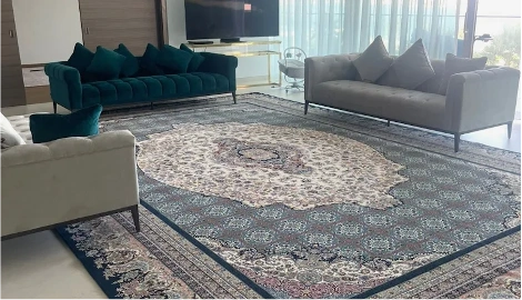 Persian rug, royal colors, living room
